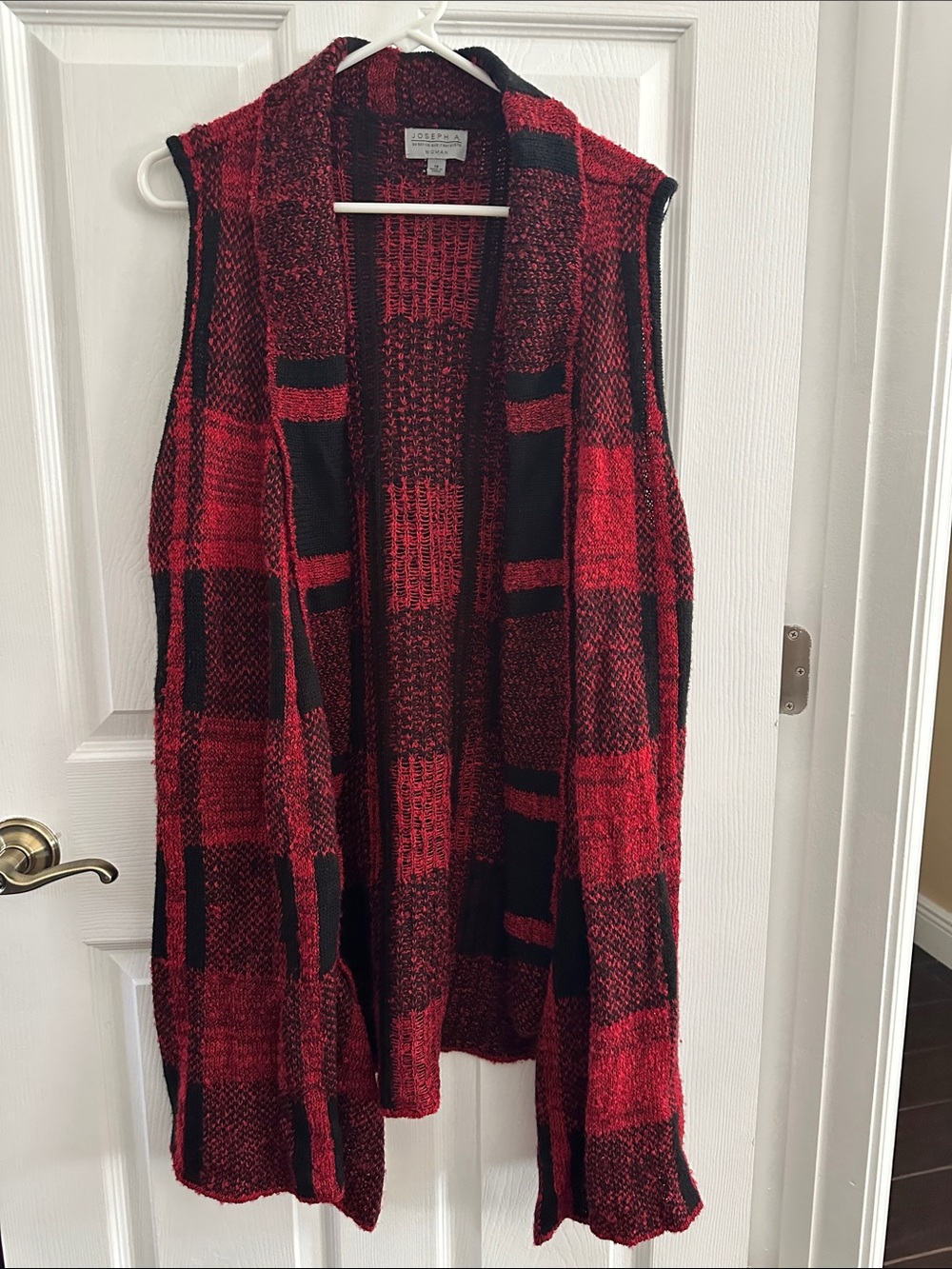 Joseph Red and Black Plaid Open-Front Knit Vest
